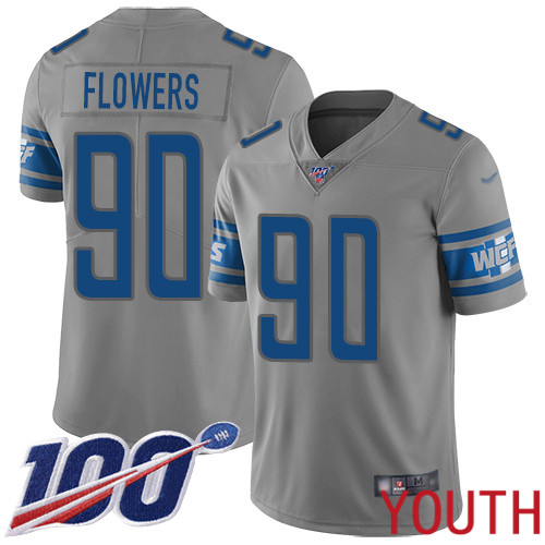 Detroit Lions Limited Gray Youth Trey Flowers Jersey NFL Football #90 100th Season Inverted Legend->youth nfl jersey->Youth Jersey